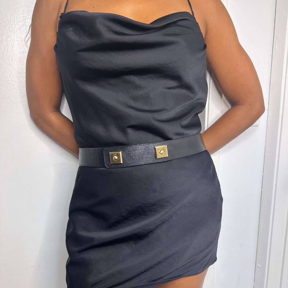 Black Leather Belt with Metal Hardware